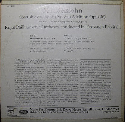 Felix Mendelssohn-Bartholdy, Royal Philharmonic Orchestra, Fernando Previtali : Symphony No. 3 In A Minor (Scottish) / Overture, Calm Sea & Prosperous Voyage (LP, Mono, RE)