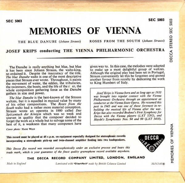 Wiener Philharmoniker Conducted By Josef Krips : Memories Of Vienna (7", EP)