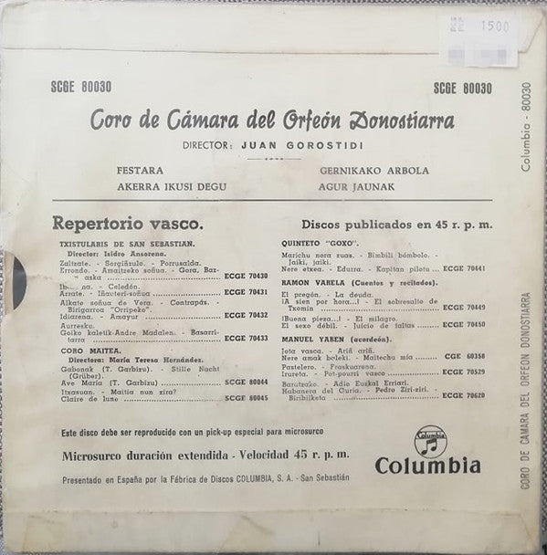 Coro De Cámara Del Orfeón Donostiarra, Juan Gorostidi : Festarra / Akerra Ikusi Degu / Gernikako Arbola / Agur Jaunak (7", EP)