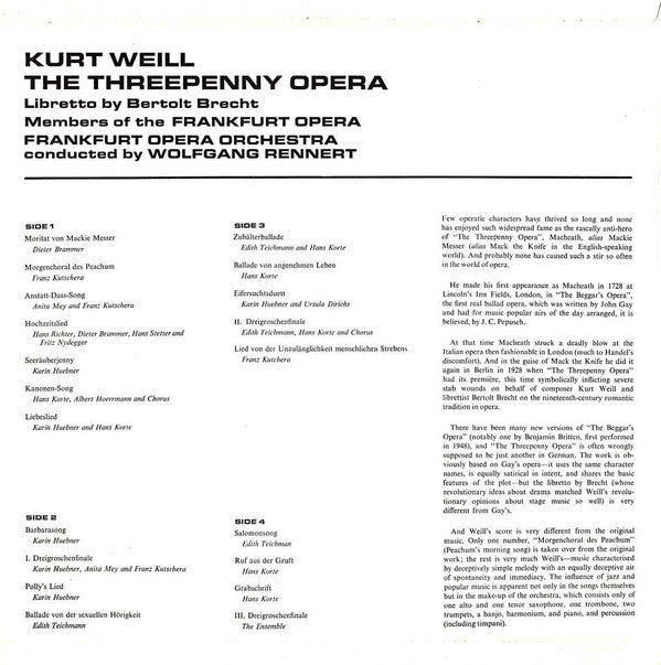 Kurt Weill, Members Of The Frankfurt Opera, Frankfurter Opern- Und Museumsorchester, Wolfgang Rennert : The Threepenny Opera (2xLP, RE)