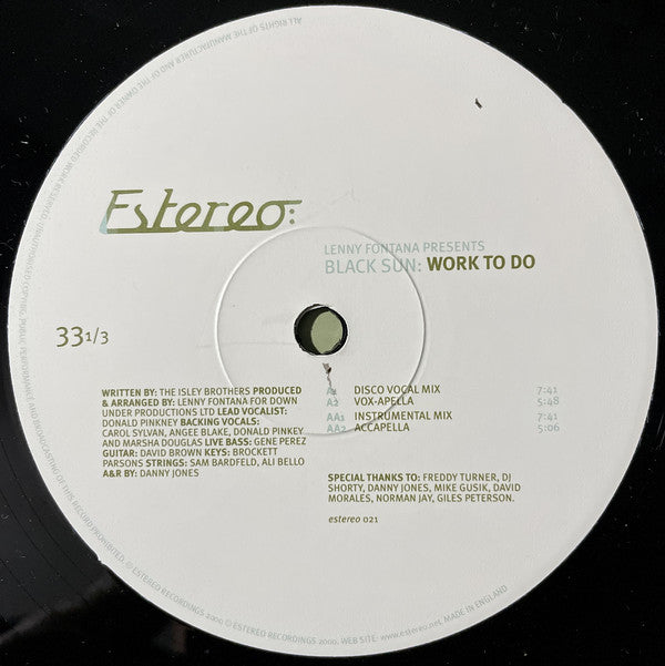 Lenny Fontana Presents Black Sun (5) : Work To Do (12")