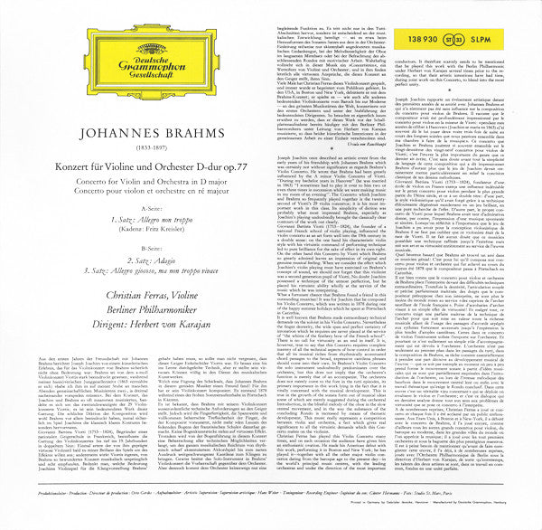 Johannes Brahms, Christian Ferras · Herbert von Karajan, Berliner Philharmoniker : Violinkonzert In D-dur (LP, RE)