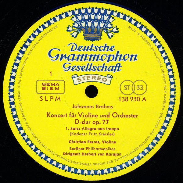 Johannes Brahms, Christian Ferras · Herbert von Karajan, Berliner Philharmoniker : Violinkonzert In D-dur (LP, RE)
