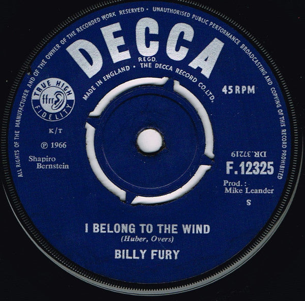 Billy Fury : I'll Never Quite Get Over You (7", Single)
