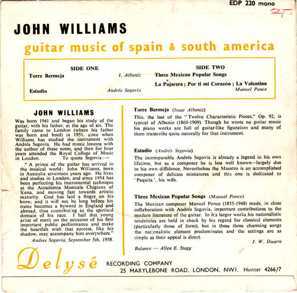 John Williams (7) : Guitar Music Of Spain And South America (7", EP, Mono)