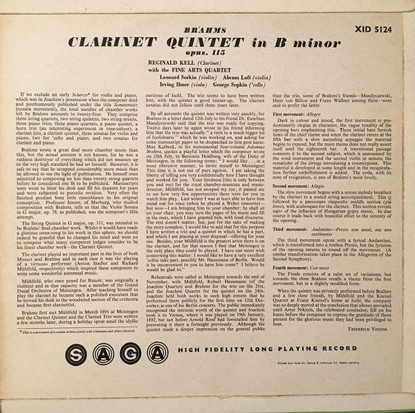 Johannes Brahms, Reginald Kell, The Fine Arts Quartet : Clarinet Quintet In B Minor Op. 115 (LP, Mono)