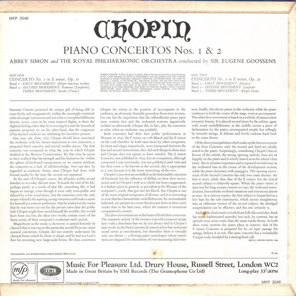 Frédéric Chopin - Abbey Simon, Royal Philharmonic Orchestra, Sir Eugene Goossens : Concerto No. 1 In E Minor / Concerto No. 2 In F Minor (LP, Mono, RE)