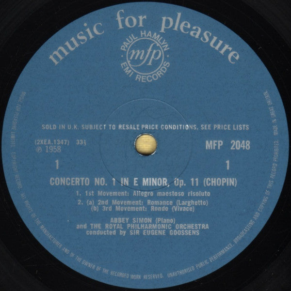 Frédéric Chopin - Abbey Simon, Royal Philharmonic Orchestra, Sir Eugene Goossens : Concerto No. 1 In E Minor / Concerto No. 2 In F Minor (LP, Mono, RE)