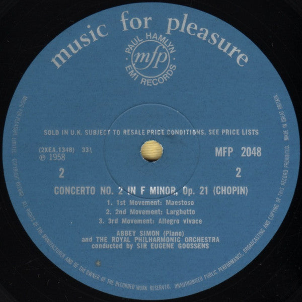 Frédéric Chopin - Abbey Simon, Royal Philharmonic Orchestra, Sir Eugene Goossens : Concerto No. 1 In E Minor / Concerto No. 2 In F Minor (LP, Mono, RE)
