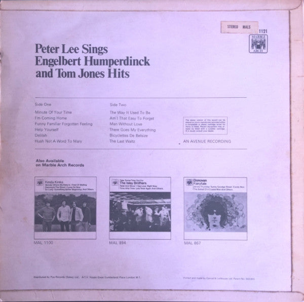 Peter Lee (5) : Peter Lee Sings Engelbert Humperdinck And Tom Jones Hits (LP)