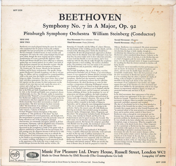 Ludwig van Beethoven, Pittsburgh Symphony Orchestra, William Steinberg : Symphony No. 7 In A Major, Op. 92 (LP, Album, Mono)