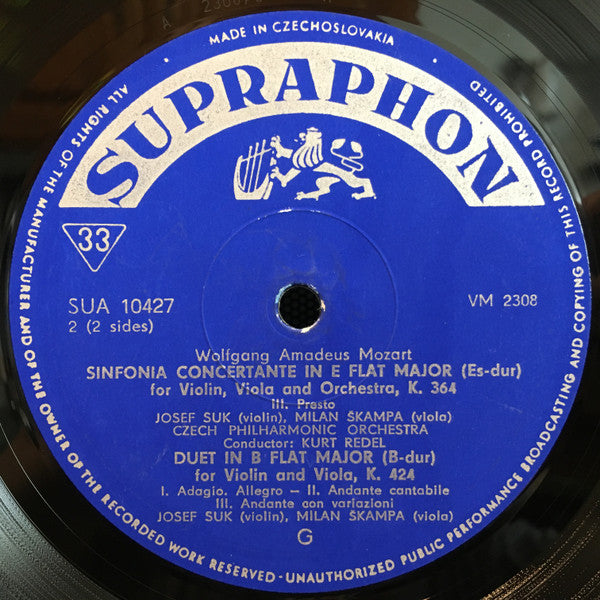Wolfgang Amadeus Mozart - Josef Suk, Milan Škampa, The Czech Philharmonic Orchestra, Kurt Redel : Sinfonia Concertante In E-Flat For Violin And Viola, K. 364 / Duo In B-Flat, K. 424 (LP, Mono)