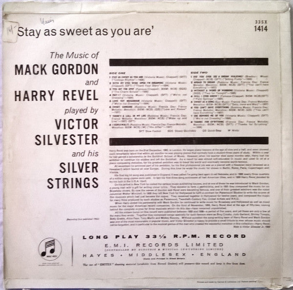Victor Silvester and His Silver Strings : Stay As Sweet As You Are (The Music Of Harry Revel And Mack Gordon) (LP, Album, Mono)