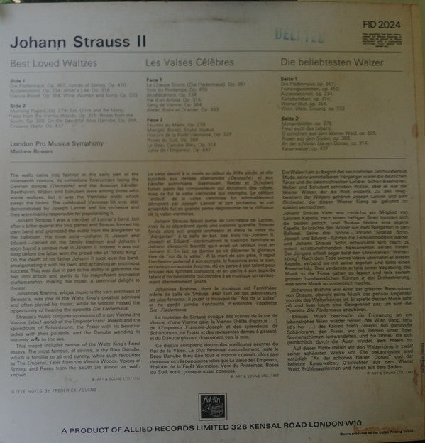The London "Pro Musica" Symphony Orchestra, Mathew Bowers, Johann Strauss Jr. : Best Loved Waltzes (LP, Album)