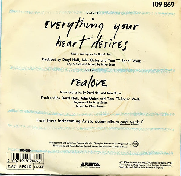 Daryl Hall & John Oates : Everything Your Heart Desires (7", Single)