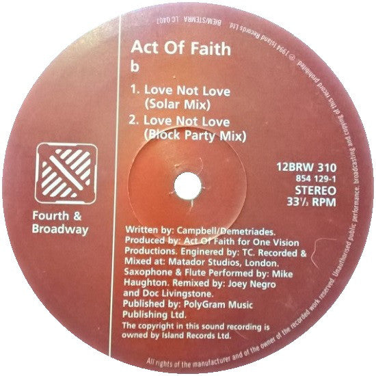 Act Of Faith : Love Not Love (12", Single)