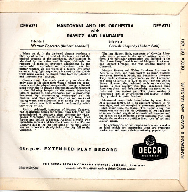 Mantovani And His Orchestra With Rawicz & Landauer : Warsaw Concerto / Cornish Rhapsody (7", EP, Fou)