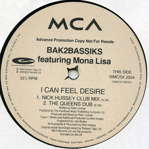 Bak2bassiks Featuring Mona Lisa (2) : I Can Feel Desire (12", Promo)
