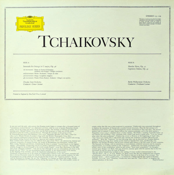 Pyotr Ilyich Tchaikovsky – Staatskapelle Dresden, Otmar Suitner, Berliner Philharmoniker, Ferdinand Leitner : Serenade For Strings C Major · Marche Slave · Capriccio Italien (LP, Comp)