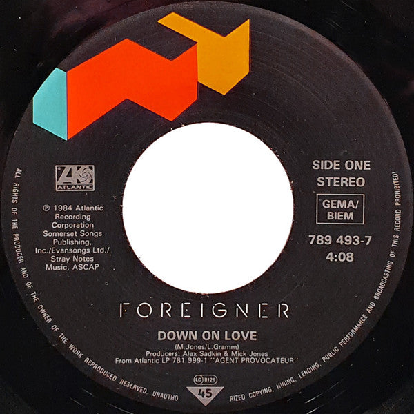Foreigner : Down On Love (7", Single)