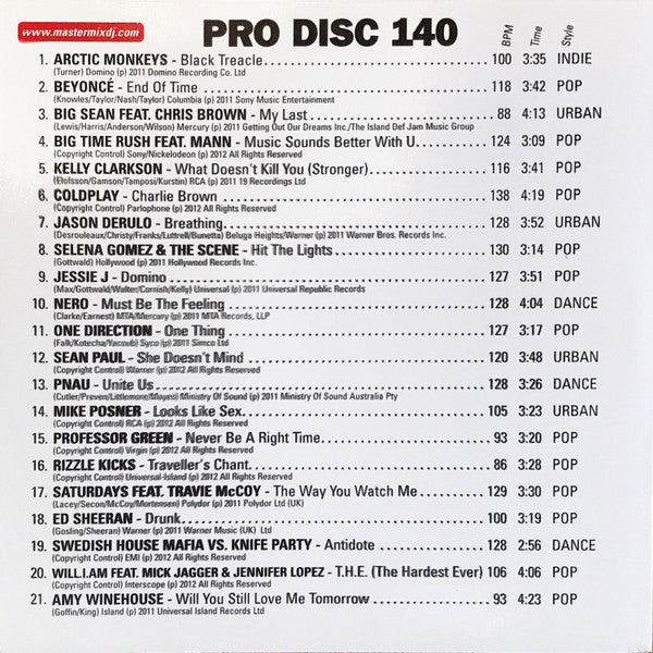 Various : Mastermix Pro Disc 140 (February 2012) (CD, Comp, Promo)